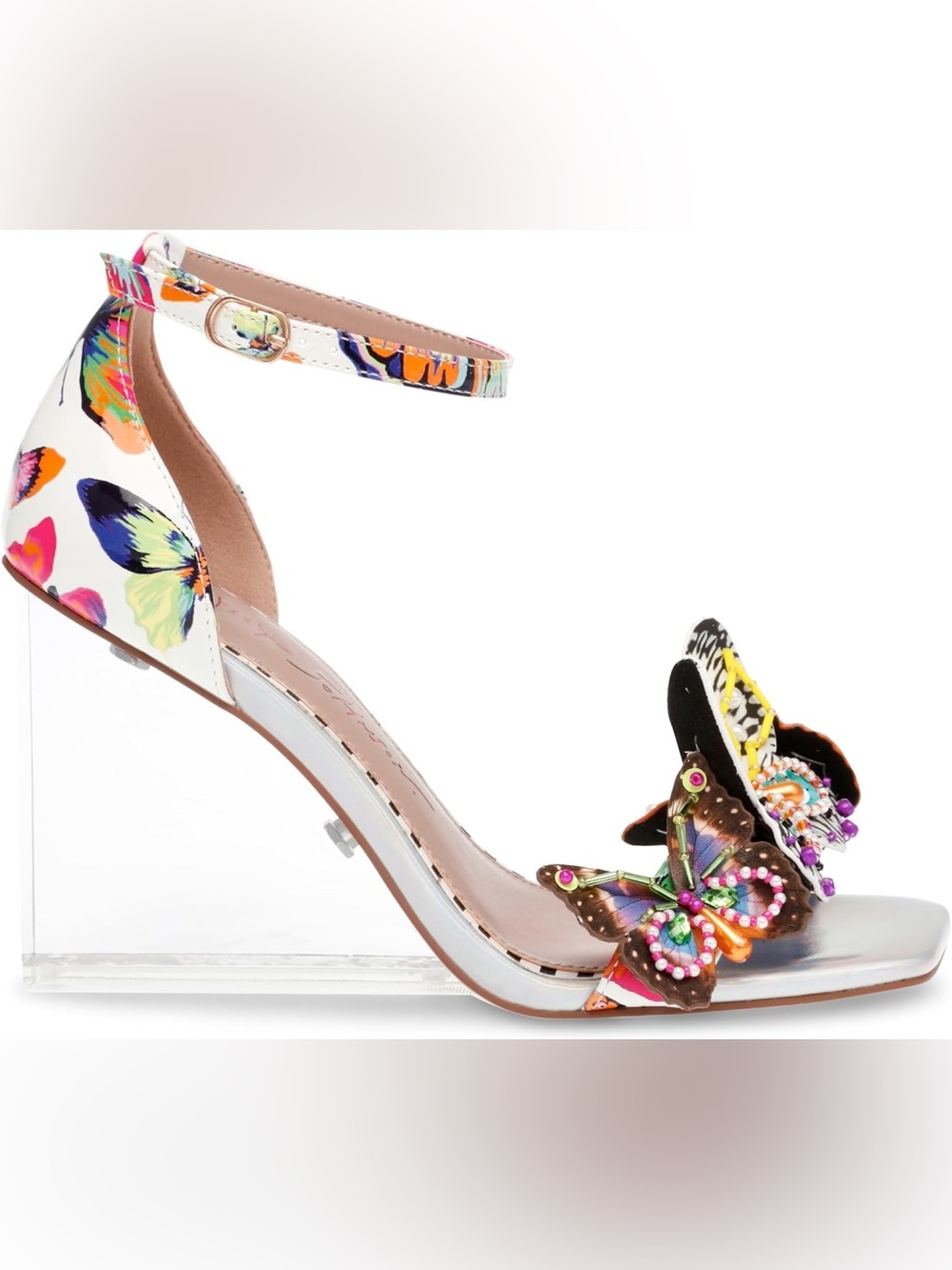 Betsey Johnson White Multicolor Butterfly Embellished Wedge Sandals - Picture 6 of 14